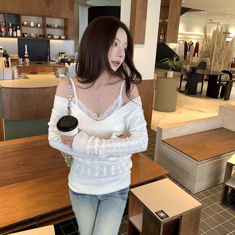 실제 촬영 그림 한 부서 분위기 센스 착용 가져 가라. 트위스트 질감 스웨터 V 칼라 뜨개질 바지를 입는 셔츠 여자 가을과 겨울 새로운 맨위