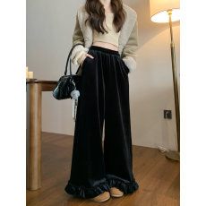 批发实拍加绒加厚丝绒休闲裤秋冬季女高腰直筒裤阔腿裤垂感拖地裤长裤