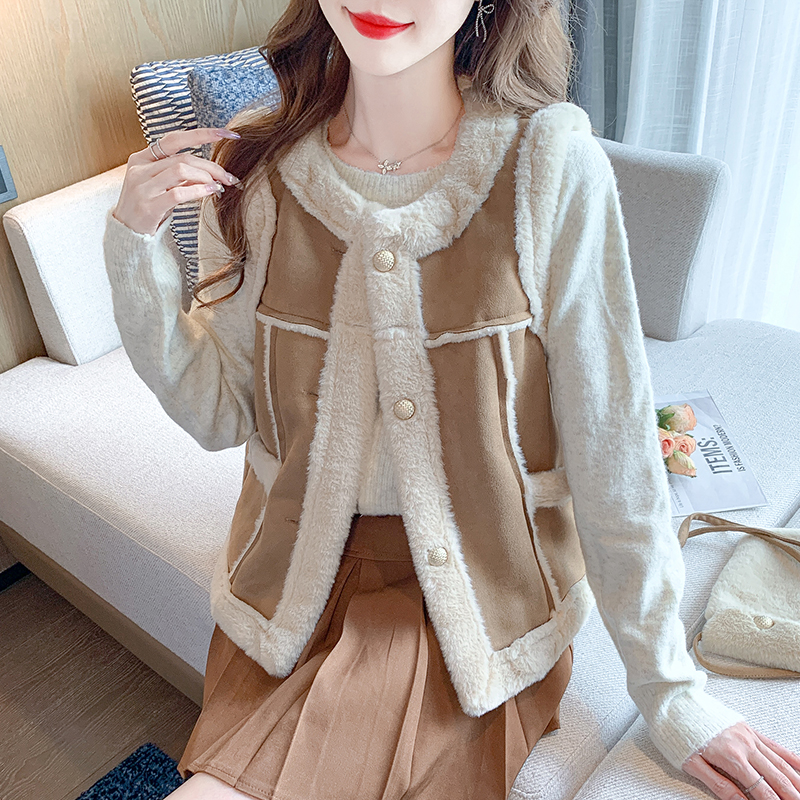 PF29414#皮毛一体马甲新款今年流行羊羔毛马夹外套送包包女裝貨源服裝批發