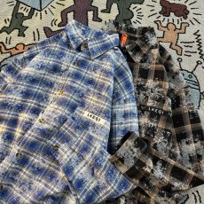 批发美式复古蓝色格子衬衫女设计感小众夏季情侣衬衣外套宽松长袖上衣