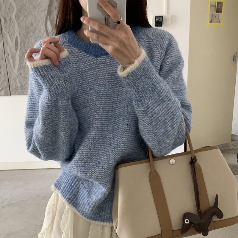 实拍 温柔气质 撞色条纹宽松长袖针织衫软糯加厚毛衣上衣