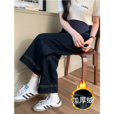 批发孕妇加绒加厚直筒牛仔裤高腰阔腿裤2026冬新款弹力小个子九分裤