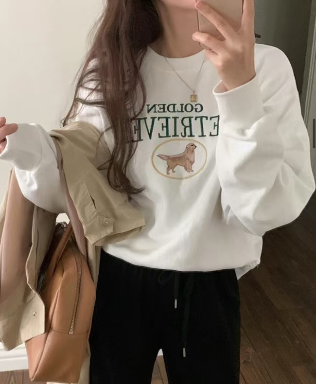 있음 선적 느긋한 바람 라운드 넥 풀오버 무거운 작업 자수 알파벳 개 면 100% 루즈핏 긴팔 후드티 삼색