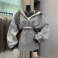 批发韩国春装新款时尚洋气连帽短款开衫卫衣外套+高腰半身裙两件套装