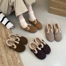 批发羊羔毛真皮勃肯鞋加毛加绒毛法式复古小众博肯鞋拖鞋2024秋<b class='q'>冬</b>新款