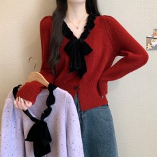 小香风V领针织开衫毛衣女秋冬2025大码胖mm高级感短款蝴蝶结上衣
