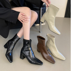批发高跟方头棕色马丁靴女鞋2025新款<b class='q'>春</b>秋单靴配裙子法式小裸靴短靴子