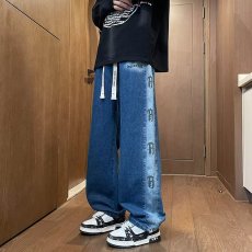 批发春秋季直筒牛仔裤男潮牌美式复古宽松休闲水洗设计感抽绳阔腿裤子