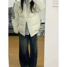 批发美式复古<b class='q'>时尚</b>运动条纹织带面包服外套女冬季宽松加厚PU皮棉衣棉服