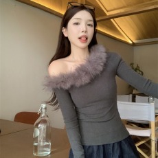 批发实拍实价~ 内搭<b class='q'>打底衫</b>爆款秋冬长袖t恤高级感针织斜肩上衣