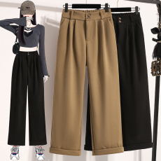 批发实拍毛呢卷边阔腿裤女秋冬大码收腹加厚小个子显高高腰直筒九分裤