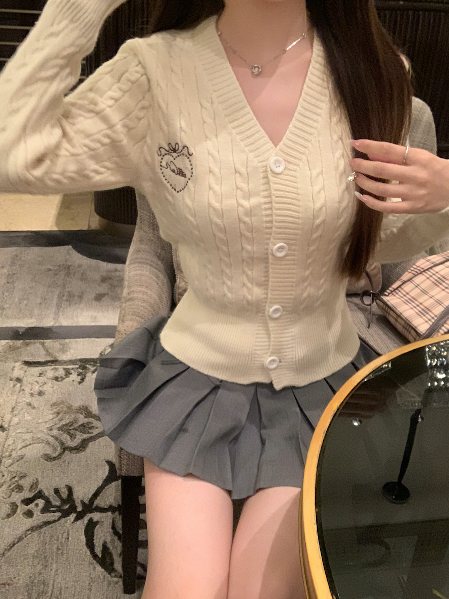 PF26779#学院风麻花针织开衫秋冬设计感毛衣外套女裝貨源服裝批發