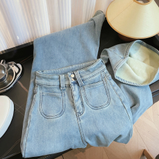 批发实拍韩版百搭辣妹高腰窄版直筒弹力修身显瘦微喇叭牛仔长<b class='q'>裤子</b>女潮