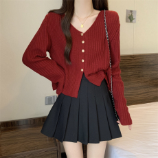 批发【圣诞红过年红】2025秋季新款短款V领针织开衫外套显瘦长袖上衣