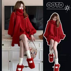 批发<b class='q'>欧美</b>时尚圣诞红色毛衣裙子女秋冬季中长款年本命年衣服时尚女装