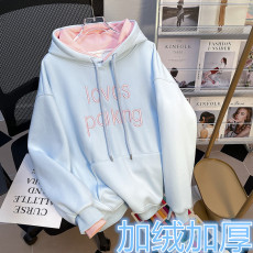 批发现货实拍秋冬加绒加厚连帽宽松套头撞色字母刺绣卫衣休闲百搭上衣