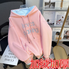批发实拍休闲加绒厚连帽套头刺绣秋冬<b class='q'>卫衣</b>撞色字母宽松甜美学院风