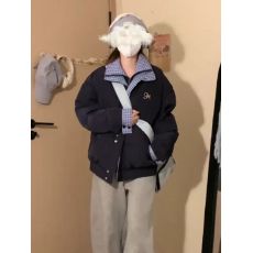 批发韩版撞色拼接格纹假两件棉服外套冬季设计感潮牌加厚不臃肿面包服