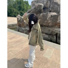 批发国潮美式哥特字母牛仔外套秋季宽松复古<b class='q'>街头</b>hiphop黄泥染夹克上衣