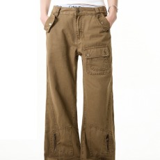 批发美式复古牛仔裤直筒微喇叭水洗工装裤男女街头多口袋拼接长裤潮牌