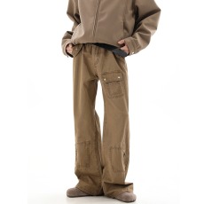 批发美式复古牛仔裤直筒微喇叭水洗工装裤男女街头多口袋拼接长裤潮牌