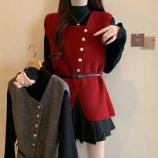 批发实拍2025秋冬新款<b class='q'>大码</b>女装胖mm针织开衫马甲高领打底衫上衣两件套