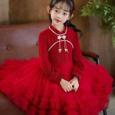批发女童<b class='q'>礼服</b>轻奢小众高端儿童红色生日公主裙婚礼<b class='q'>花童</b>加绒加厚蓬蓬裙