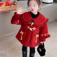 批发【龙凤尼+夹棉里布】女童外套秋冬2024新款加厚宝宝拜年服红大衣
