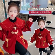 批发【龙凤尼+夹棉里布】女小童秋冬拜年服红色喜庆过年女宝新年大衣