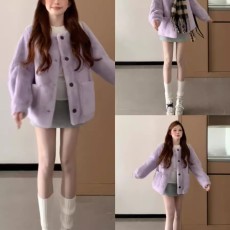 批发紫色羊羔毛名媛小香风外套女秋冬韩系穿搭独特超好看加厚chic上衣