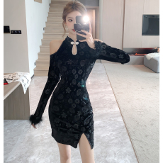 批发实拍~新款改良中国风高级感显瘦气质丝绒压花开叉<b class='q'>旗袍</b><b class='q'>连衣裙</b>