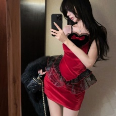 批发实拍~性感辣妹吊带荷叶边公主圣诞新年礼服红色丝绒<b class='q'>连衣裙</b>女