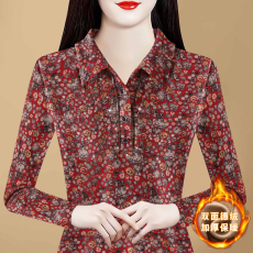 批发实拍2025秋冬新款韩版修身长袖<b class='q'>大码</b>双面德绒印花翻领烫钻打底衫女