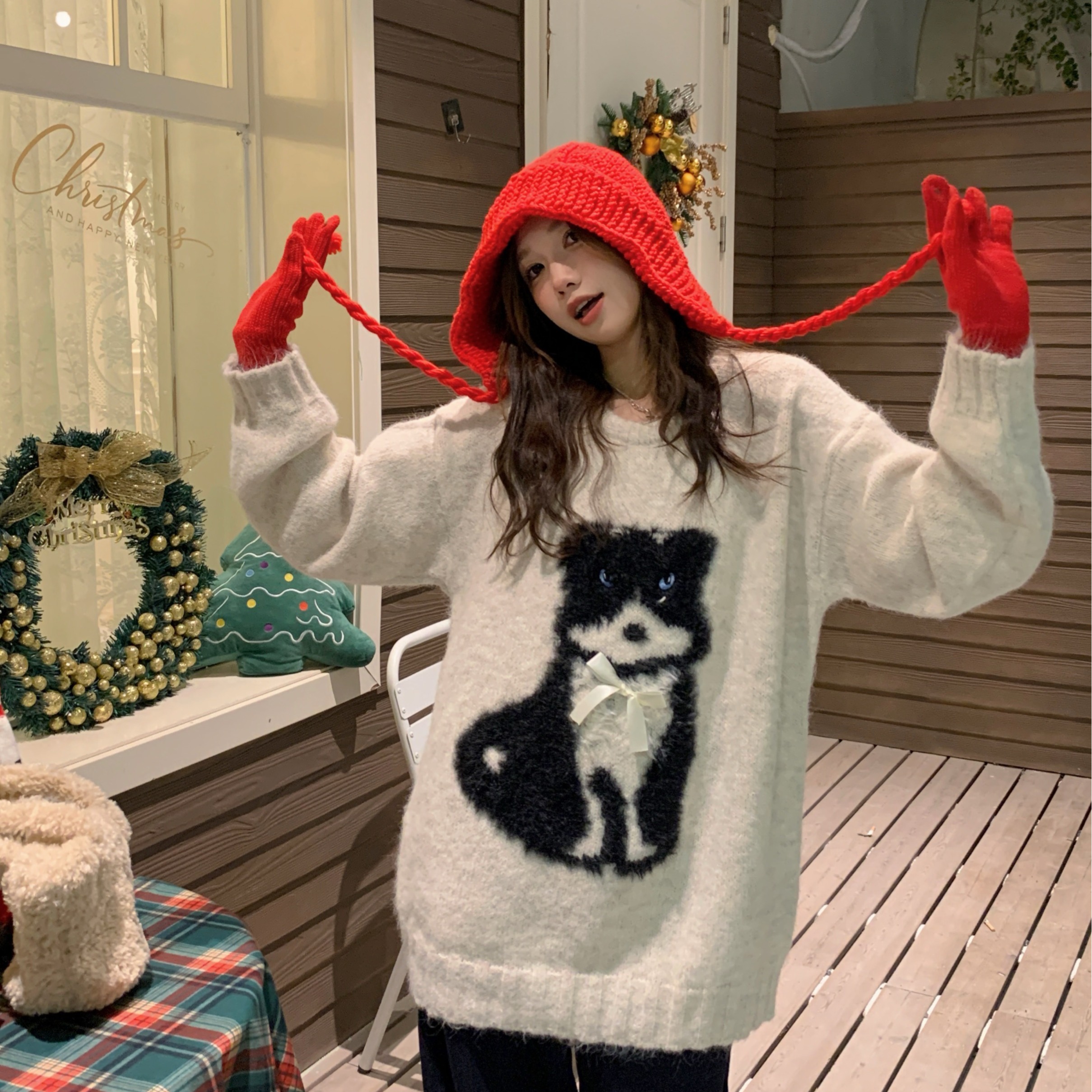 PF27376#减龄招财猫ins风宽松圆领套头毛茸茸针织毛衣女裝貨源服裝批發