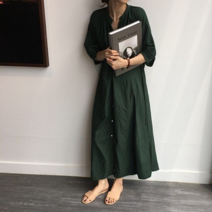 한 바람 싱글 줄 버튼 드레스 미니멀리즘 라운드 넥 단색 벌룬 소매 치마 셔츠 롱 스커트 있음 주머니 벨트 포함