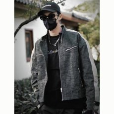 批发春秋美式拼接PU皮夹克男垫肩宽松机能风<b class='q'>嘻哈</b>潮牌立领外套痞帅上衣