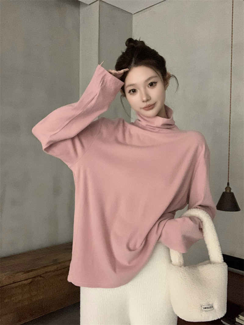 실사 정가 말뚝 더미 칼라 느긋한 풍차 플리스 센스 단색 터틀넥 루즈핏 겨울 긴팔 만나는 티셔츠 여성