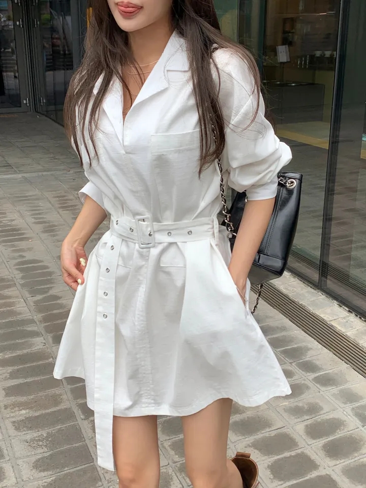 ins 한국 스타일 가을 품격 레트로 빅 포켓 벨트 허리 수축 캐주얼 미니멀리즘 루즈핏 셔츠 드레스