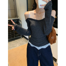 批发<b class='q'>实拍</b>实价蕾丝假两件打底衫女秋一字肩内搭纯欲长袖chic上衣