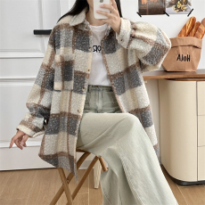 批发实拍  韩新款chic简约格纹颗粒感撞色格子<b class='q'>衬衫</b>宽松毛呢外套<b class='q'>女</b>