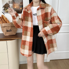 批发实拍  韩新款chic简约格纹颗粒感撞色格子<b class='q'>衬衫</b>宽松毛呢外套<b class='q'>女</b>