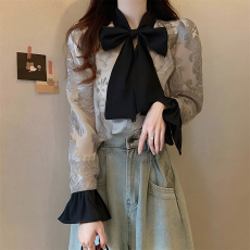 批发法式提花绑带蝴蝶结十三行时尚气质百搭<b class='q'>衬衫</b>女2026春秋新款上衣