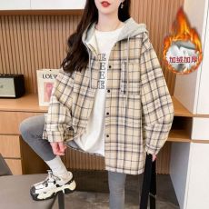 批发实拍原布格子复真超加绒新款连帽衬衫女中长款格子<b class='q'>男</b>女同款衬衫