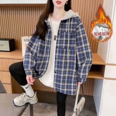 批发实拍原布格子复真超加绒新款连帽衬衫女中长款格子<b class='q'>男</b>女同款衬衫