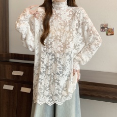 批发实拍 <b class='q'>大码</b>春秋韩版简约百搭纯色高领套头宽松型蕾丝衫上衣女