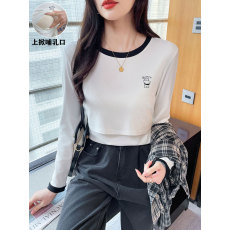 批发实拍 早春哺乳纯棉亲肤圆领T恤产后小熊印花喂奶打底月子服