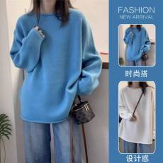 批发秋<b class='q'>冬</b>装大码新款温柔风圆领卷边纯色长袖针织衫套头羊毛蓝色毛衣
