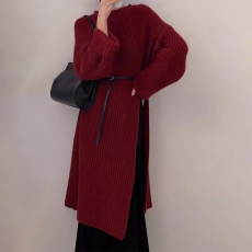 批发秋冬装新款<b class='q'>大码</b>女装小众慵懒风开叉设计感显瘦针织衫过膝毛衣裙