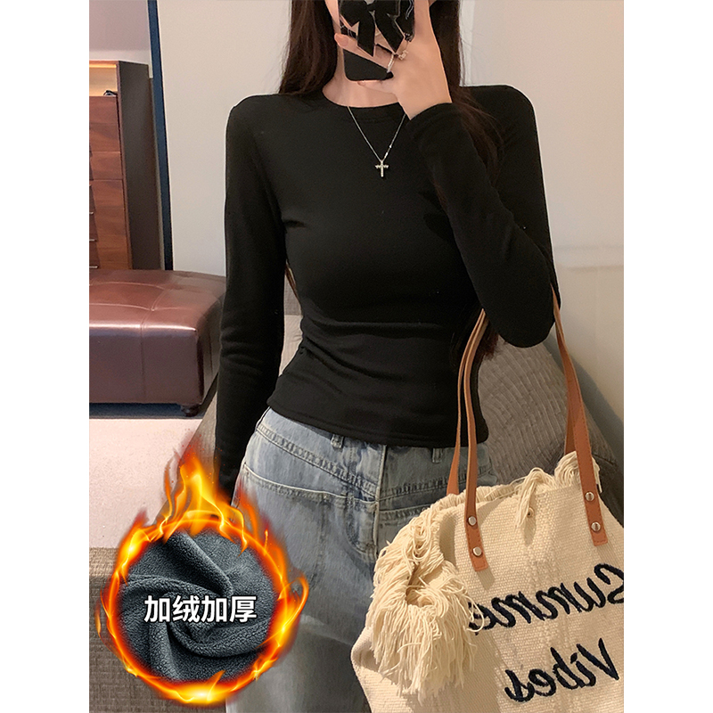 PF27281#加绒加厚打底衫保暖长袖T恤女修身显瘦套头圆领纯色上衣女裝貨源服裝批發