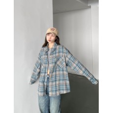 批发美式复古磨毛<b class='q'>格子衬衫</b>长袖蓝色格纹衬衣双口袋【实价】